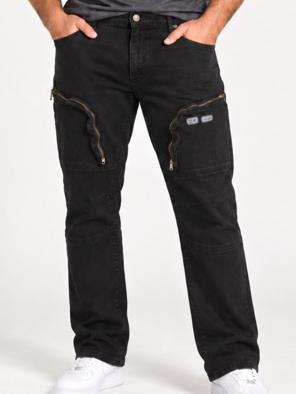 GS115 Black Cargo Moto Jeans Zip Pockets Mens 40 Y2K Techwear